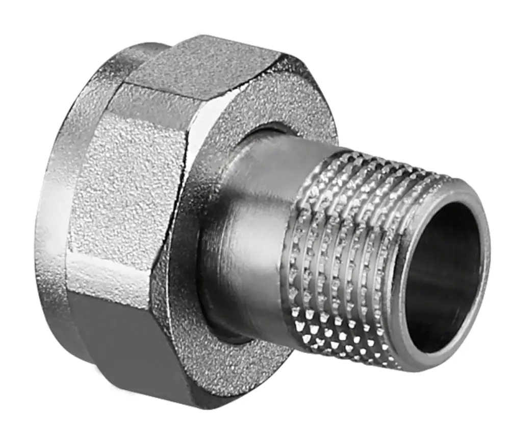 Verschraubung aus Metall mit einer Außengewinde- und einer Innengewinde-Seite. Das Produkt stammt von Oventrop und dient der Verbindung von Rohren oder weiteren Komponenten.